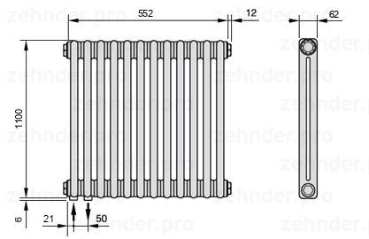 Схема (чертеж) Радиатор Zehnder Charleston 2110/12 №3370 Белый глянцевый RAL 9016